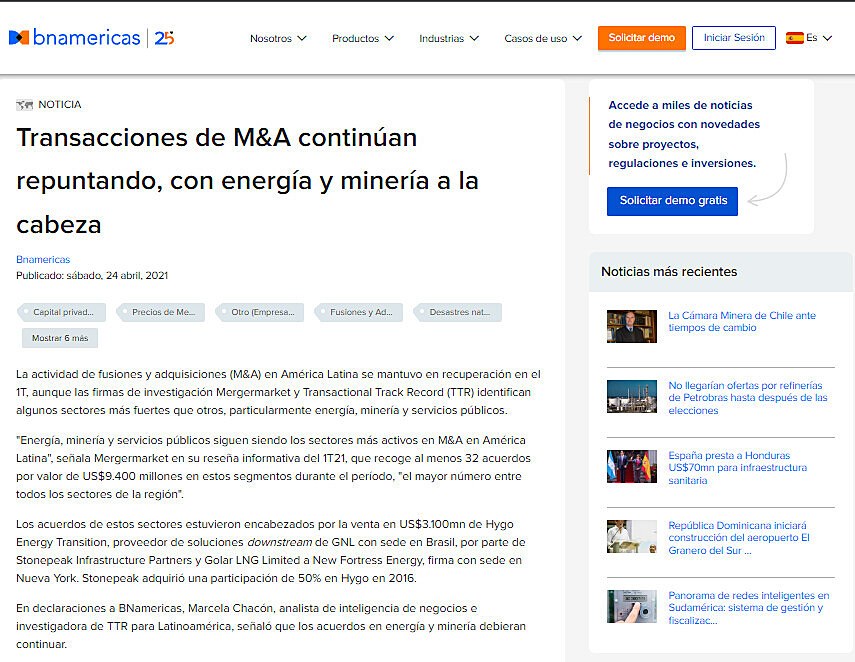 Transacciones de M&A continan repuntando, con energa y minera a la cabeza